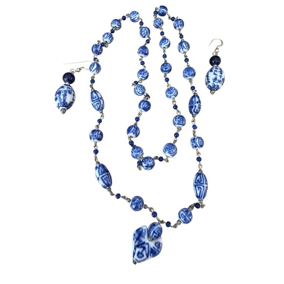 Vintage Chinese Painted Porcelain Bead Necklace & Earrings Blue White 25" - Picture 5 of 6